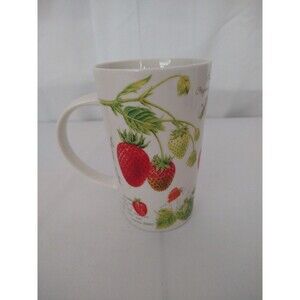 Kent Pottery Strawberry Design Tall White Porcelain Coffee Mug Garden Script